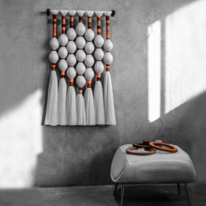Handmade fiber art wall hanging featuring intricate patterns and vibrant colors.
